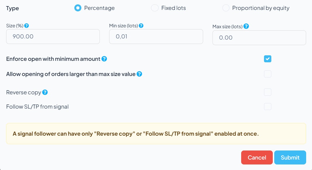 Il modulo di modifica: “Type” su “Percentage”, il campo “Size (%)” con il moltiplicatore attuale e il pulsante “Submit”.