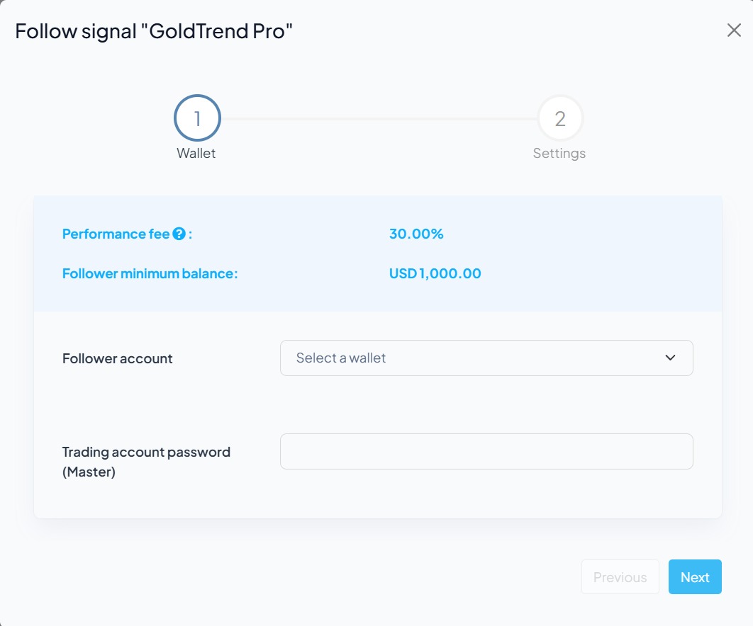 La prima finestra: performance fee e saldo minimo per i follower, il conto da selezionare e il campo per la password del conto di trading.