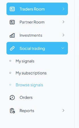 Lo stesso menù con Social Trading aperto: sotto compaiono My Signals, My Subscriptions e Browse Signals.