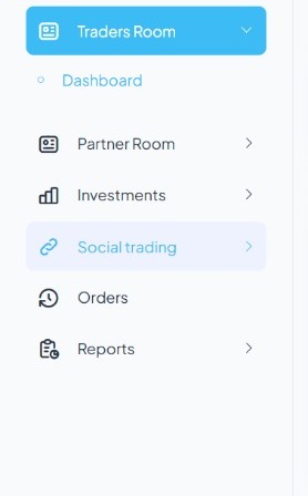 Il menù di sinistra della dashboard: Traders Room, Partner Room, Investments, Social Trading, Orders, Reports.
