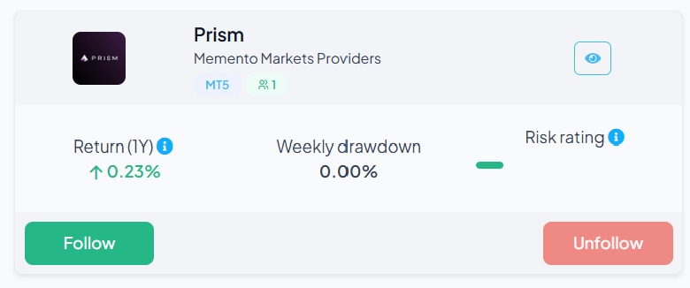 La card della strategia in Browse Signals, con rendimento, drawdown settimanale, risk rating e il pulsante Follow.