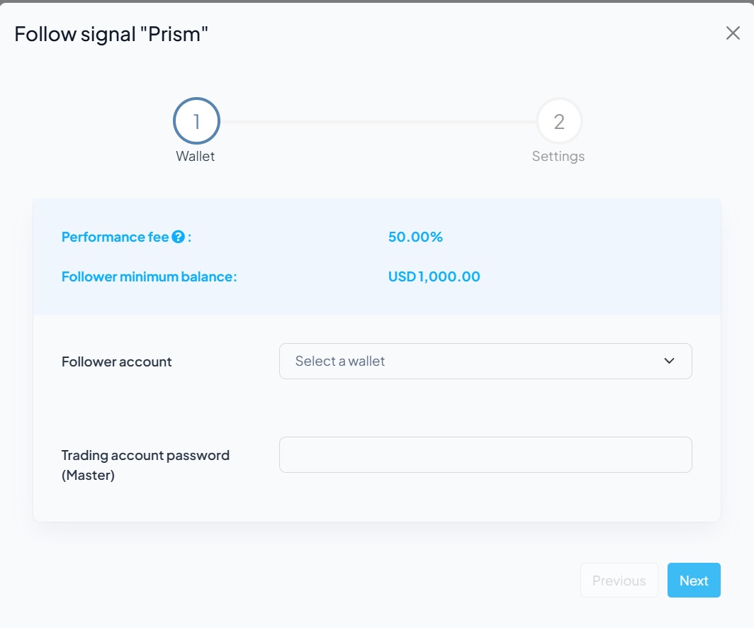La prima finestra: performance fee e saldo minimo per i follower, il conto da selezionare e il campo per la password del conto di trading.
